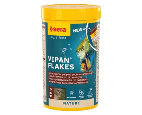 Sera Vipan Flakes alimento completo em flocos com farinha de insetos para peixes ornamentais.