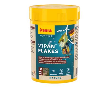 Sera Vipan Flakes alimento completo em flocos com farinha de insetos para peixes ornamentais.