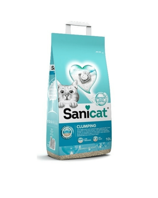 A Sanicat Clumping Fragance Sabão de Marselha é uma areia para gatos que absorve rapidamente
