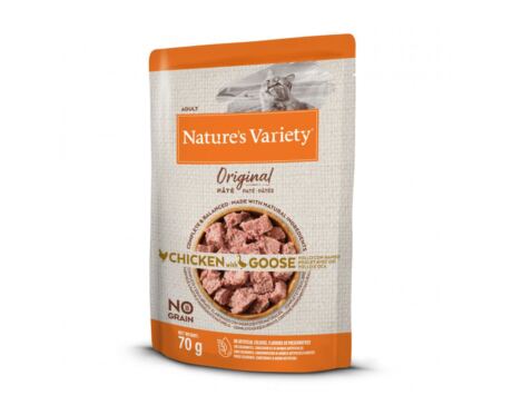 Alimento húmido Nature's Variety Original Gato Adulto Frango e Ganso saqueta 70g sem cereais.