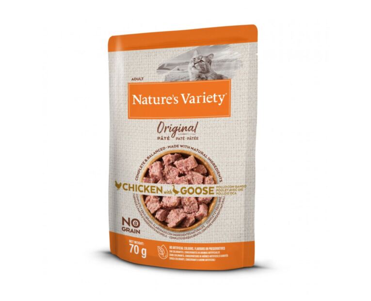 Alimento húmido Nature's Variety Original Gato Adulto Frango e Ganso saqueta 70g sem cereais.