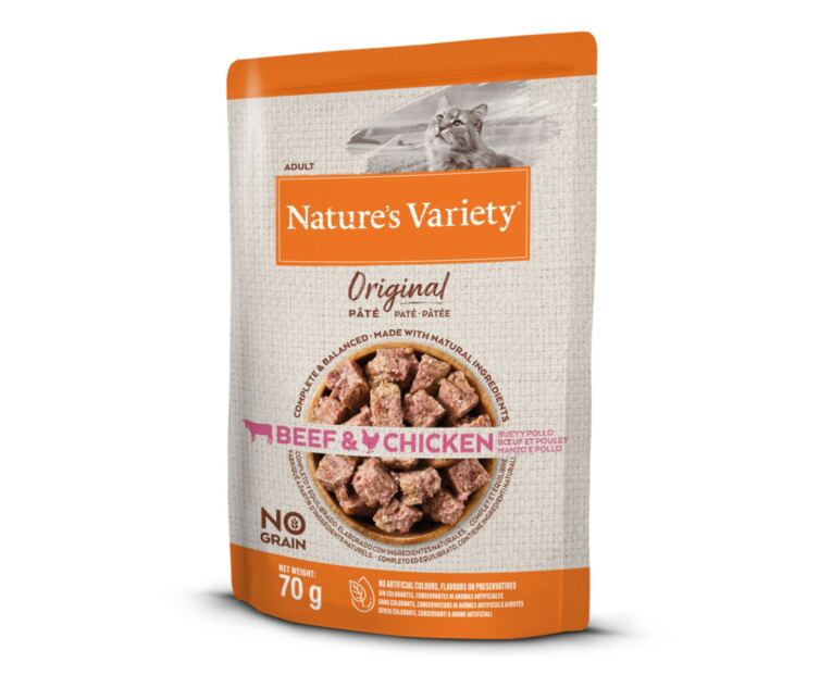 Alimento húmido Nature's Variety Original Gato Adulto Vaca e Frango saqueta 70g sem cereais.