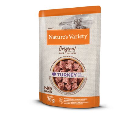 Alimento húmido Nature's Variety Original Gato Adulto Peru saqueta 70g sem cereais.
