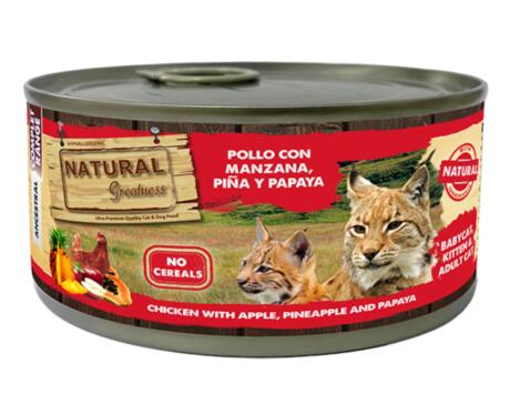 Natural Greatness Frango com Maçã, Abacaxi e Papaia 185g alimento húmido para gatos.