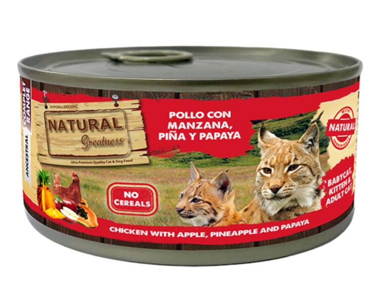 Natural Greatness Frango com Maçã, Abacaxi e Papaia 185g alimento húmido para gatos.