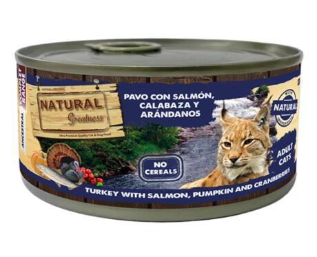 Natural Greatness Peru com Salmão, Abóbora e Mirtilos 185g alimento húmido para gatos.
