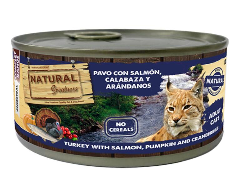 Natural Greatness Peru com Salmão, Abóbora e Mirtilos 185g alimento húmido para gatos.