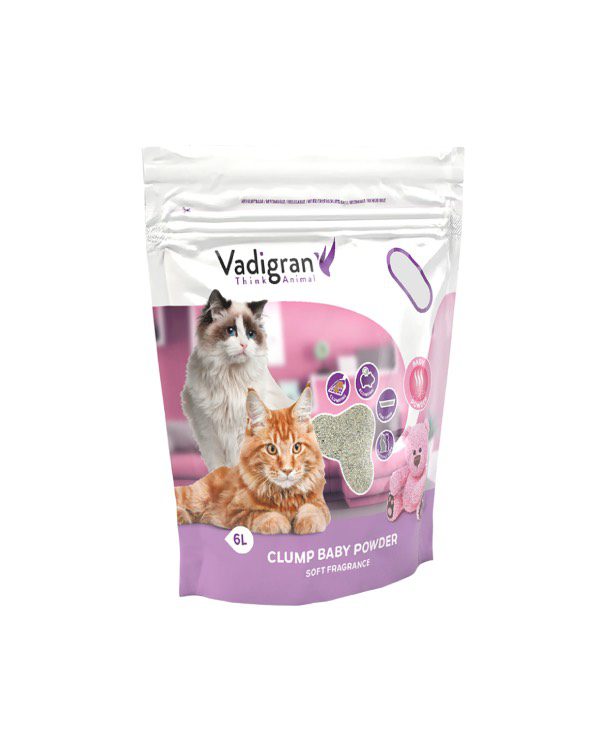 Areia Bentonite Vadigran Baby Powder (Talco) é uma areia para gatos com um aroma bastante agradável.