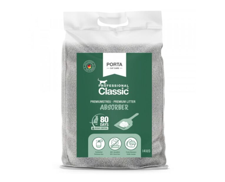 Areia de gato Professional Classic com absorvedor de odor é um granulado para uma ligação de odores muito intensiva. Ou seja, a Areia Classic é misturado com um absorvedor biológico de odores, o odor não é apenas absorvido, mas também é completamente destruído.