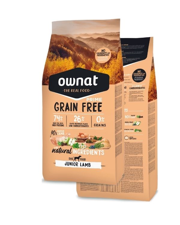 Ração Ownat Grain Free Prime Junior Lamb é indicada para cães de todos os portes, no entanto ainda cachorros.
