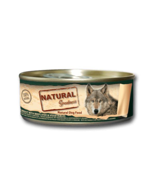 As Natural Greatness Wet Frango, Fígado e Vegetais são uma comida húmida apenas com pedaços de carne