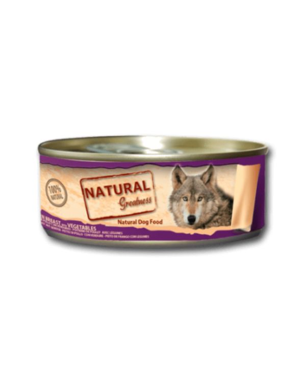 As Natural Greatness Wet Frango e Vegetais são uma comida húmida apenas com pedaços de carne