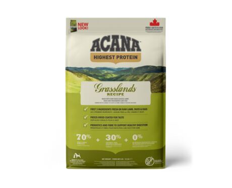 Acana Grasslands Repice é um alimento formulado com ingredientes frescos, rico em carnes de animais alimentados em pastagens: