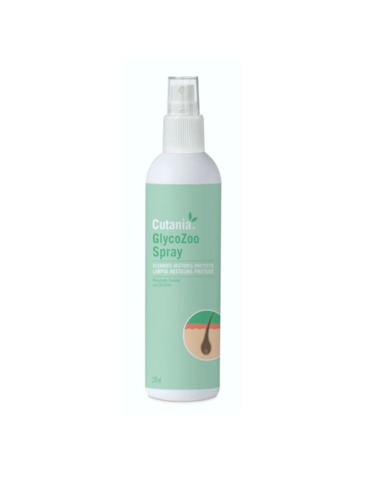 Cutania Glycozoo Spray é um spray dermatológico com ação secante e efeito queratolítico, lipolítico e desodorizante para cães, gatos e cavalos.