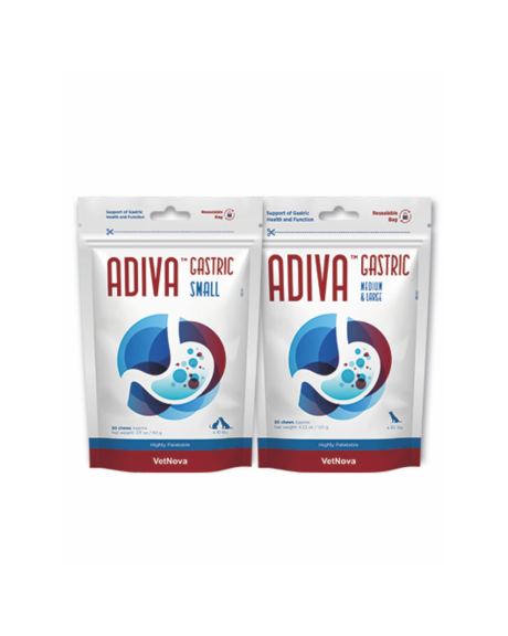Adiva Gastric é um suplemento em chews, altamente palatáveis, que proporciona proteção gástrica completa ajudando a controlar a acidez estomacal e o desconforto Gástrico em cães e gatos.