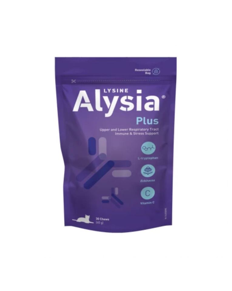 Alysia Plus é um suplemento com L-lisina de Fórmula Completa para o suporte dos sistemas respiratório e Imunitário e ajudar a reduzir os efeitos do stress em gatos.