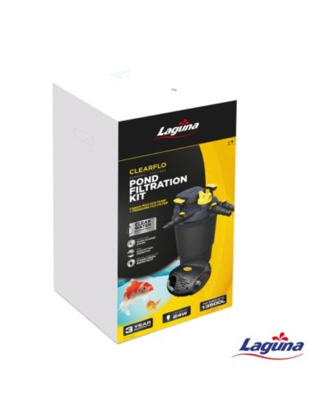 O filtro Laguna Pressure-Flo é um filtro selado a pressão com um clarificador UVC, projetado para fornecer filtragem mecânica e biológica a lagoas de até 21000 litros, de água doce para uso externo.