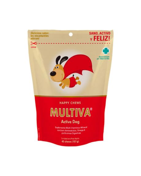 Snaks Multiva Active Dog é o multivitamínico mais completo que os cães preferem. Apto para todas os cães de todas as raças. Complexo multi-vitaminico completo para cães (queda de pêlo, pouca energia, apetite reduzido,...).
