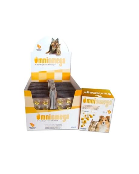 Omniomega Cápsulas é um alimento composto complementar com alta concentração de Ómega3 indicado para cães e para gatos.
