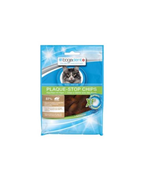 Bogadent Plaque-Stop Chips Frango Gato 50 gr são deliciosos e consistentes pedaços com frango. Mas também óleo de salmão e uma mistura especial de algas que removem a placa bacteriana pela ação abrasiva durante a mastigação e ajuda a impedir a sua formação.