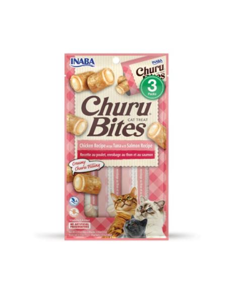 Churu Bites é um cremoso e irresistível purê Churu envolto em pequenos pedaços de frango húmido