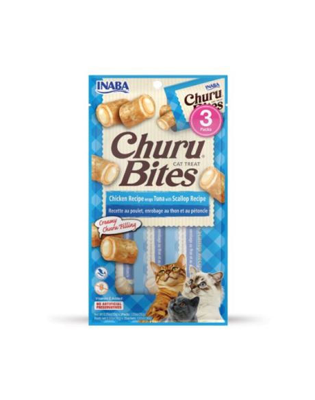 Churu Bites é um cremoso e irresistível purê Churu envolto em pequenos pedaços de frango húmido.