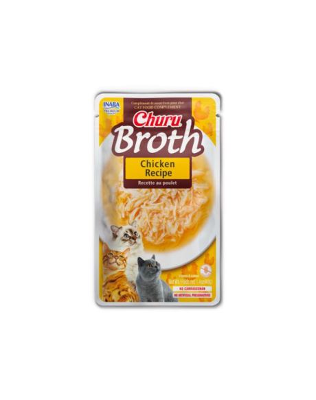 Churu Broth Frango começa com caldo de galinha sedoso feito de galinhas 100% naturais criadas em fazendas e não contém grãos, conservantes ou corantes artificiais.