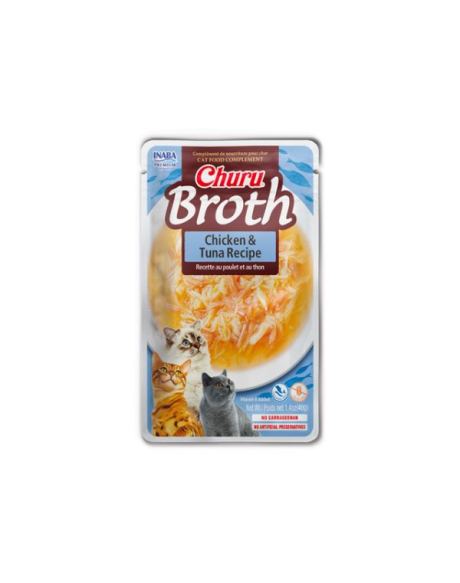 Churu Broth Frango começa com caldo de galinha sedoso feito de galinhas 100% naturais criadas em fazendas e não contém grãos, conservantes ou corantes artificiais.