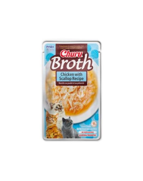 Churu Broth Frango começa com caldo de galinha sedoso feito de galinhas 100% naturais criadas em fazendas e não contém grãos, conservantes ou corantes artificiais.