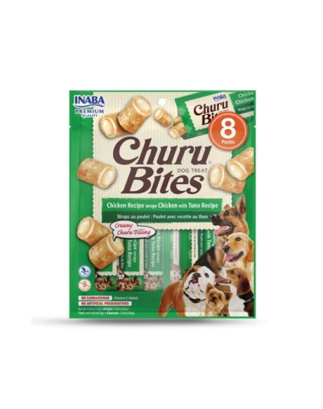 Churu Creamy Bites Cão feito com ingredientes saudáveis e de confiança. Duas texturas, portanto, cada mordida em forma de travesseiro começa com uma pasta de frango assada macia, sem grãos, conservantes, carragenina ou cores artificiais. Depois, o centro cheio com o delicioso recheio de Churu da Inaba.