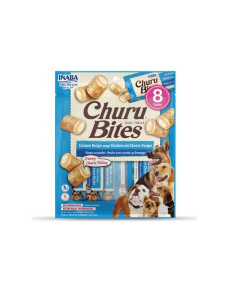 Churu Creamy Bites Cão feito com ingredientes saudáveis e de confiança. Duas texturas, portanto, cada mordida em forma de travesseiro começa com uma pasta de frango assada macia, sem grãos, conservantes, carragenina ou cores artificiais. Depois, o centro cheio com o delicioso recheio de Churu da Inaba.