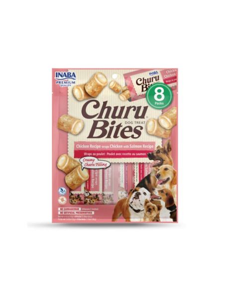 Churu Creamy Bites Cão feito com ingredientes saudáveis e de confiança. Duas texturas, portanto, cada mordida em forma de travesseiro começa com uma pasta de frango assada macia, sem grãos, conservantes, carragenina ou cores artificiais. Depois, o centro cheio com o delicioso recheio de Churu da Inaba.