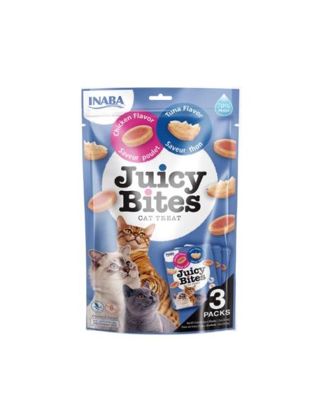 Churu Juicy Bites são pedaços divertidos de frango e frutos do mar, húmidos, suculentos e incrivelmente saborosos.