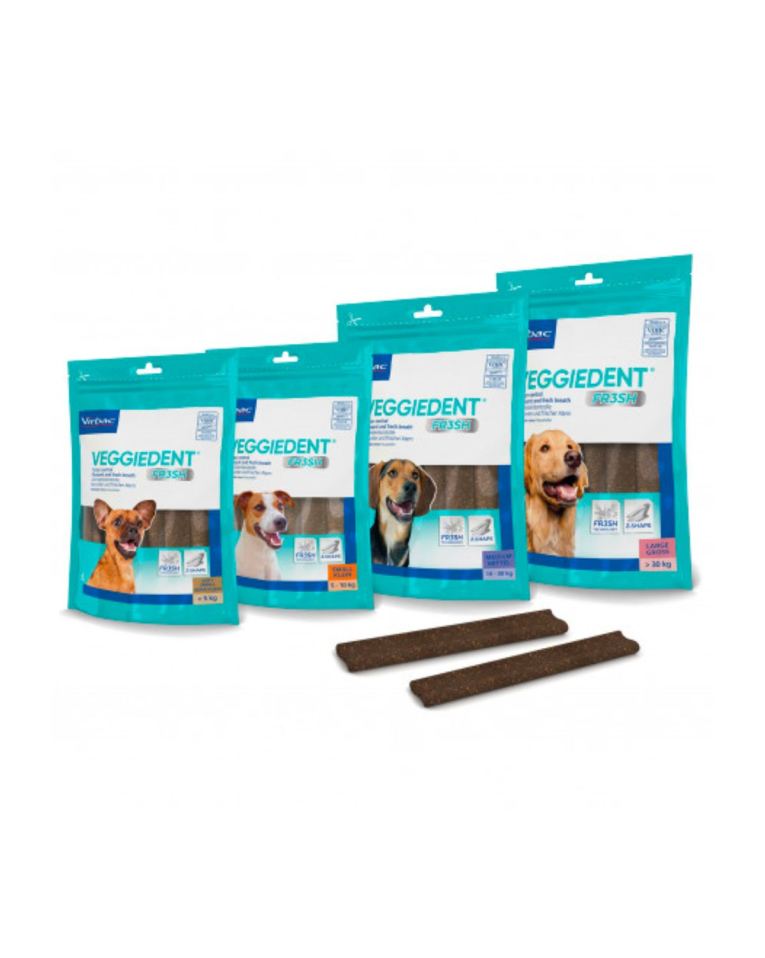 Veggiedent Fr3Esh Snack Dental Vegetariano para Cão é um alimento complementar palatável para cães.