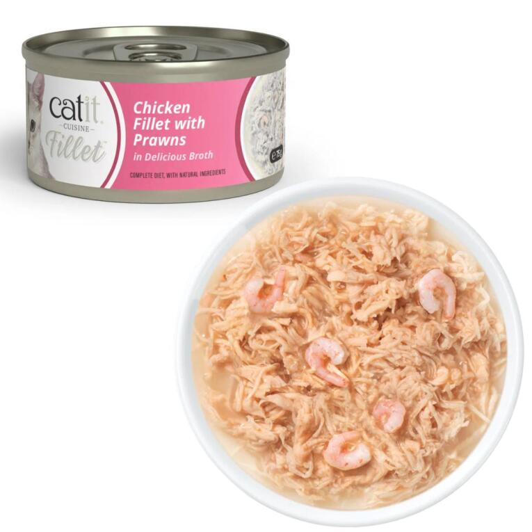 O Catit Cuisine Fillet Atum com Gambas em caldo 75 gr em caldo é uma deliciosa recompensa natural, feita com filetes inteiros de peixe de alta qualidade.