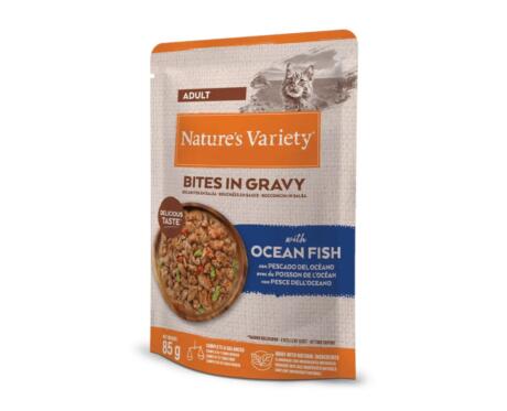 Alimento húmido Nature's Variety Bites in Gravy Gato Adulto Peixe do Oceano e Vegetais saqueta 85g.