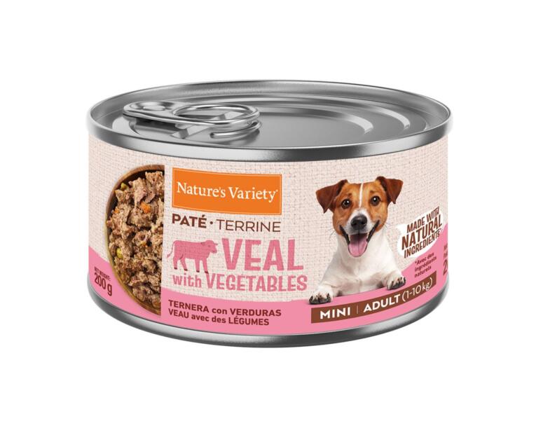 Lata de Paté Nature's Variety Mini Vitela e Legumes 200g para cão pequeno sem cereais.