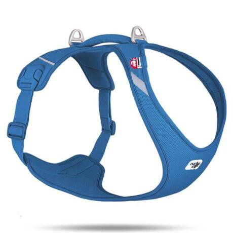 Peitoral ergonómico New Belka Comfort da marca Curli em cor azul para cães de médio e grande porte.