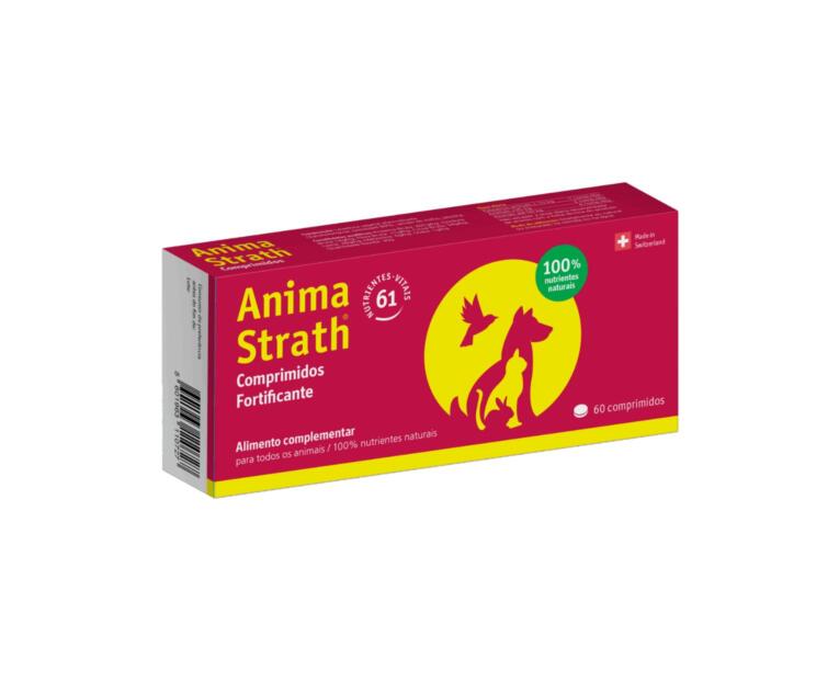 Embalagem do Anima-Strath 60 Comprimidos Suplemento Natural para Animais, um fortificante biológico para cães, gatos e aves.