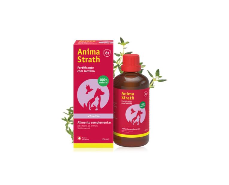 Embalagem de Anima-Strath Tomilho 100 ml, suplemento natural e fortificante respiratório para animais de estimação.