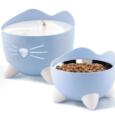 Conjunto Catit PIXI composto por fonte de água com formato felino e comedouro elevado ergonómico para gatos.