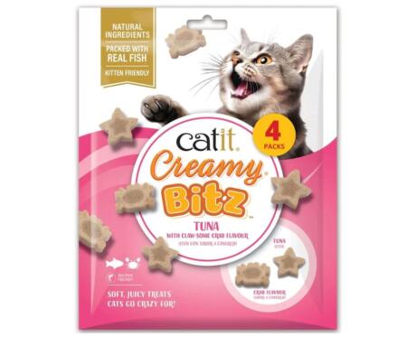 Saquetas de snacks mastigáveis Catit Creamy Bitz sabor atum com toque de caranguejo para gatos de todas as idades.