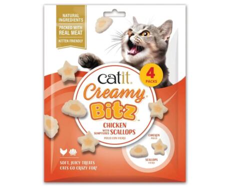 Saquetas de snacks mastigáveis Catit Creamy Bitz sabor frango e vieira para gatos de todas as idades.