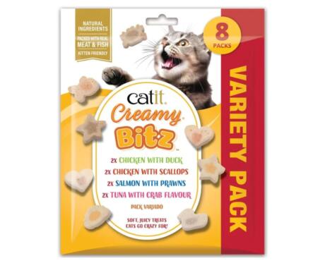 Embalagem do Pack Variado de snacks Catit Creamy Bitz contendo 8 saquetas com sabores sortidos de carne e peixe para gatos.