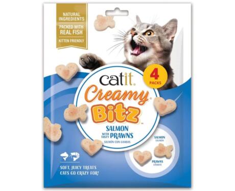Saquetas de snacks mastigáveis Catit Creamy Bitz sabor salmão e gambas para gatos de todas as idades.