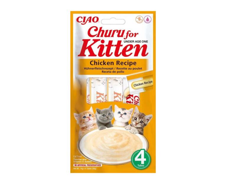 Conjunto de snacks líquidos de frango Churu for Kitten para gatinhos em crescimento.