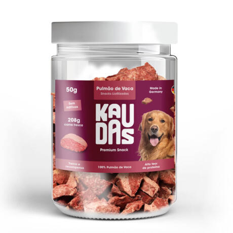 Saco de snacks liofilizados de pulmão de vaca Kaudas de 50g para cães.