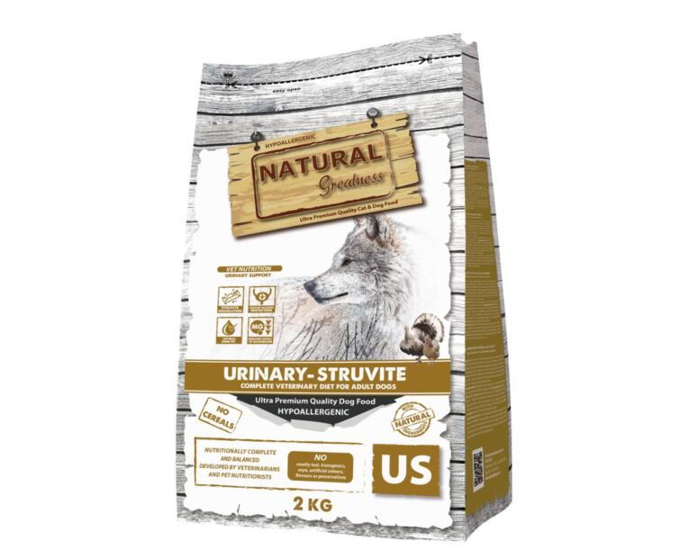 Saca de ração natural para cães Natural Greatness Veterinary Diets Urinary Struvite, fórmula hipoalergénica urinária.