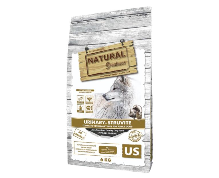 Saca de ração natural para cães Natural Greatness Veterinary Diets Urinary Struvite, fórmula hipoalergénica urinária.
