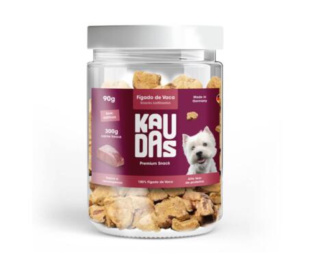 Embalagem de snacks liofilizados de fígado de vaca Kaudas para cão.